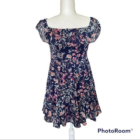 Lulus Navy Blue Floral Print Mini Dress S - Picture 4 of 10
